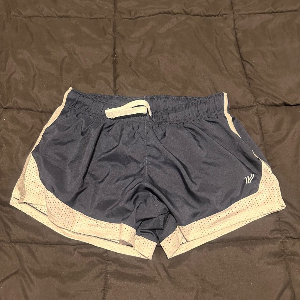 Athletic Blue and White Varsity Shorts with Moisture-Wicking Fabric